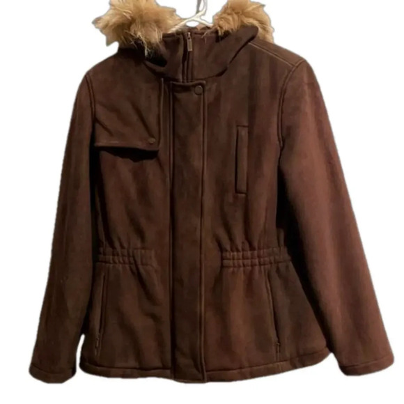Calvin Klein Jackets & Blazers - Calvin Klein Hooded Winter‎ Jacket Faux Suede Brown Women's X-Small Y2K